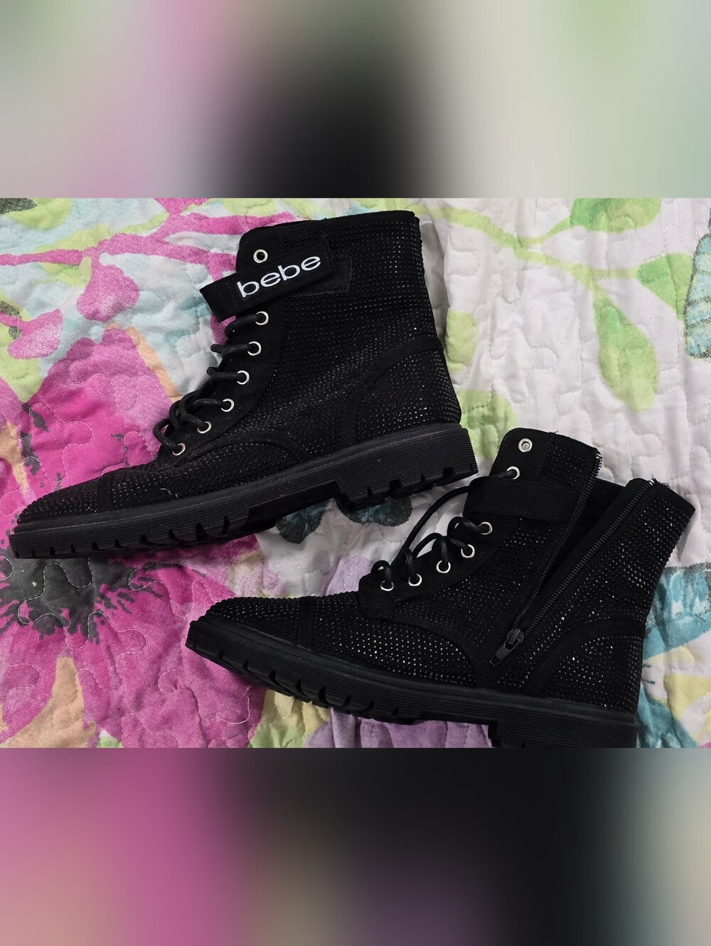 bebe Dayani-J Black Rhinestone Combat Boots US 8.5 Like New